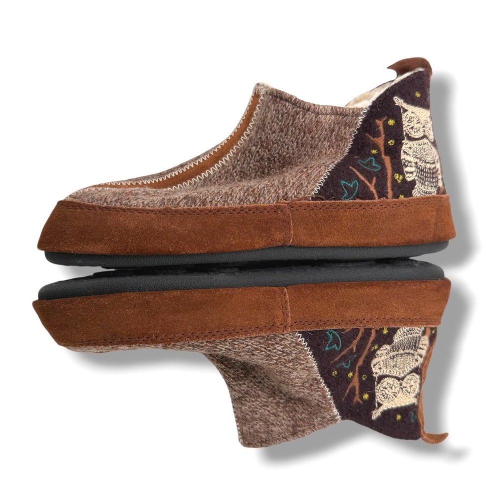 Acorn Women Wool Slipper Boots Embroidered Owl Brown Size 5-6 Suede Trim